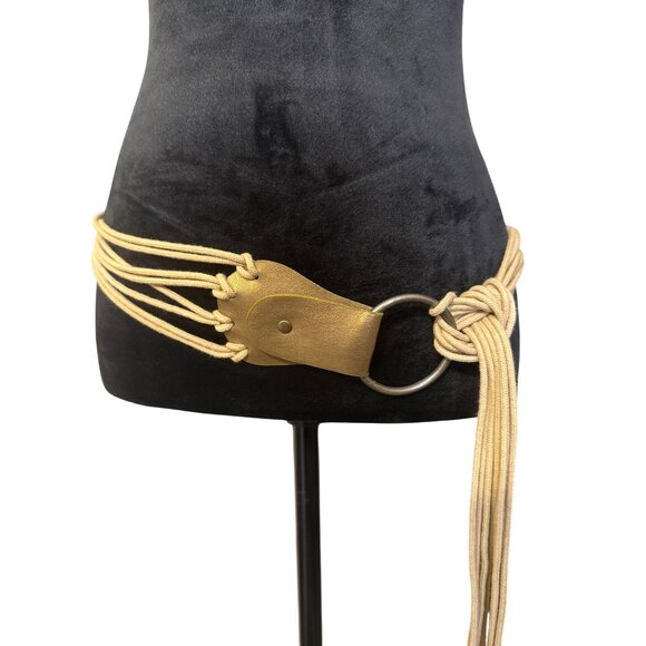 Handcrafted Knotted Rope Belt With Leather Accents & Metal Ring - Adjustable Fit - Picture 2 of 4